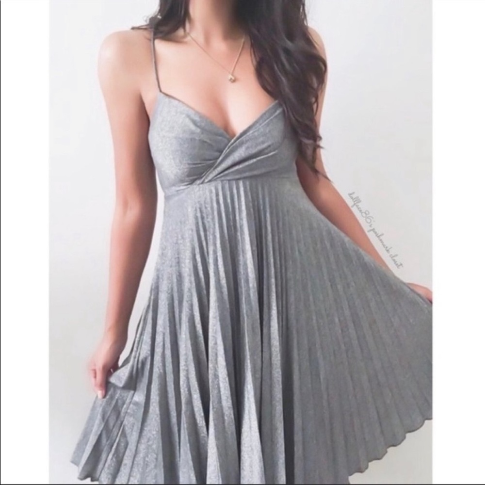 Max & Cleo Silver Pleated Mini Dress